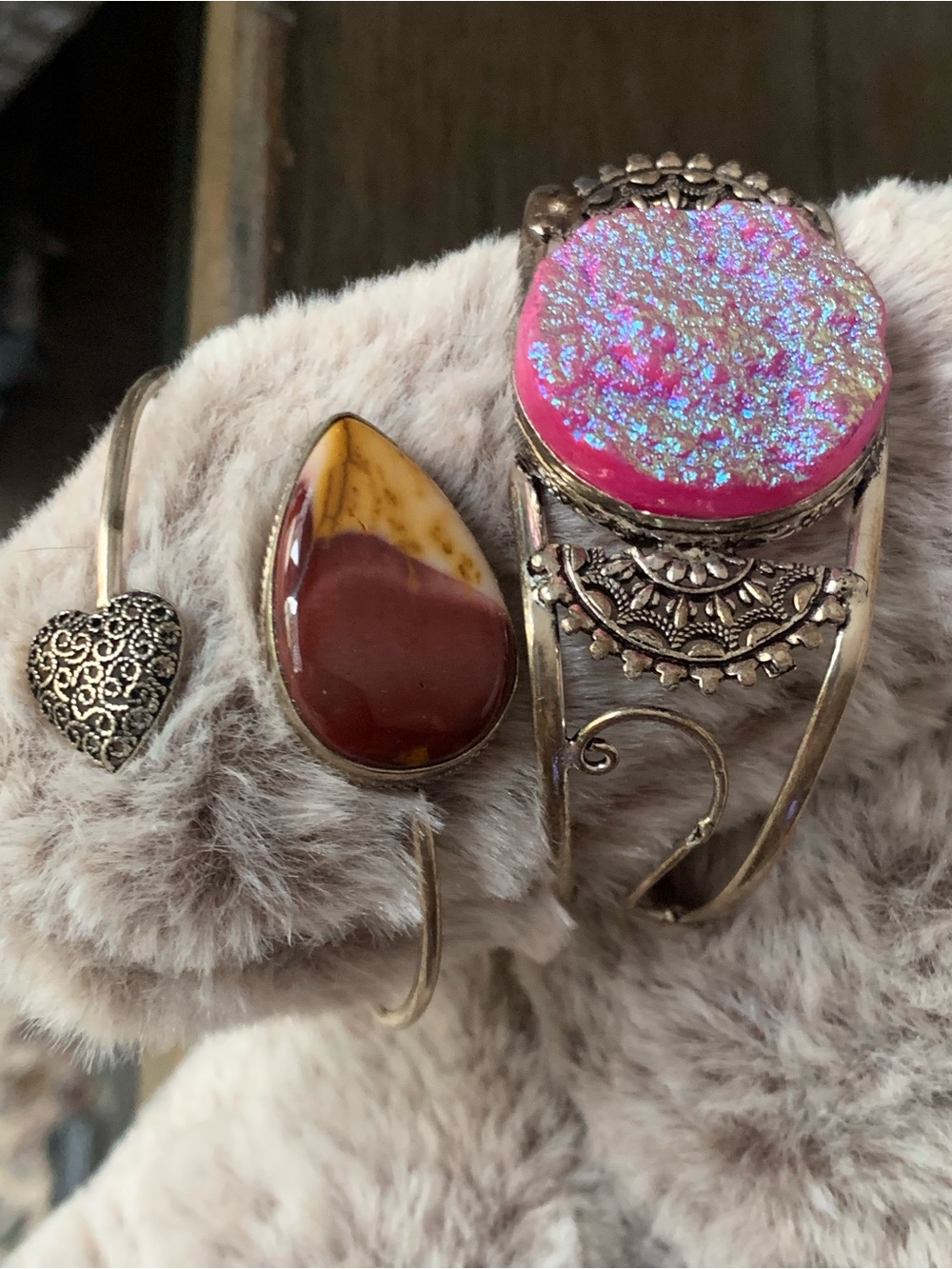 Pink Druzy and Brown Teardrop Stone Artisan Cuff Bracelet Set